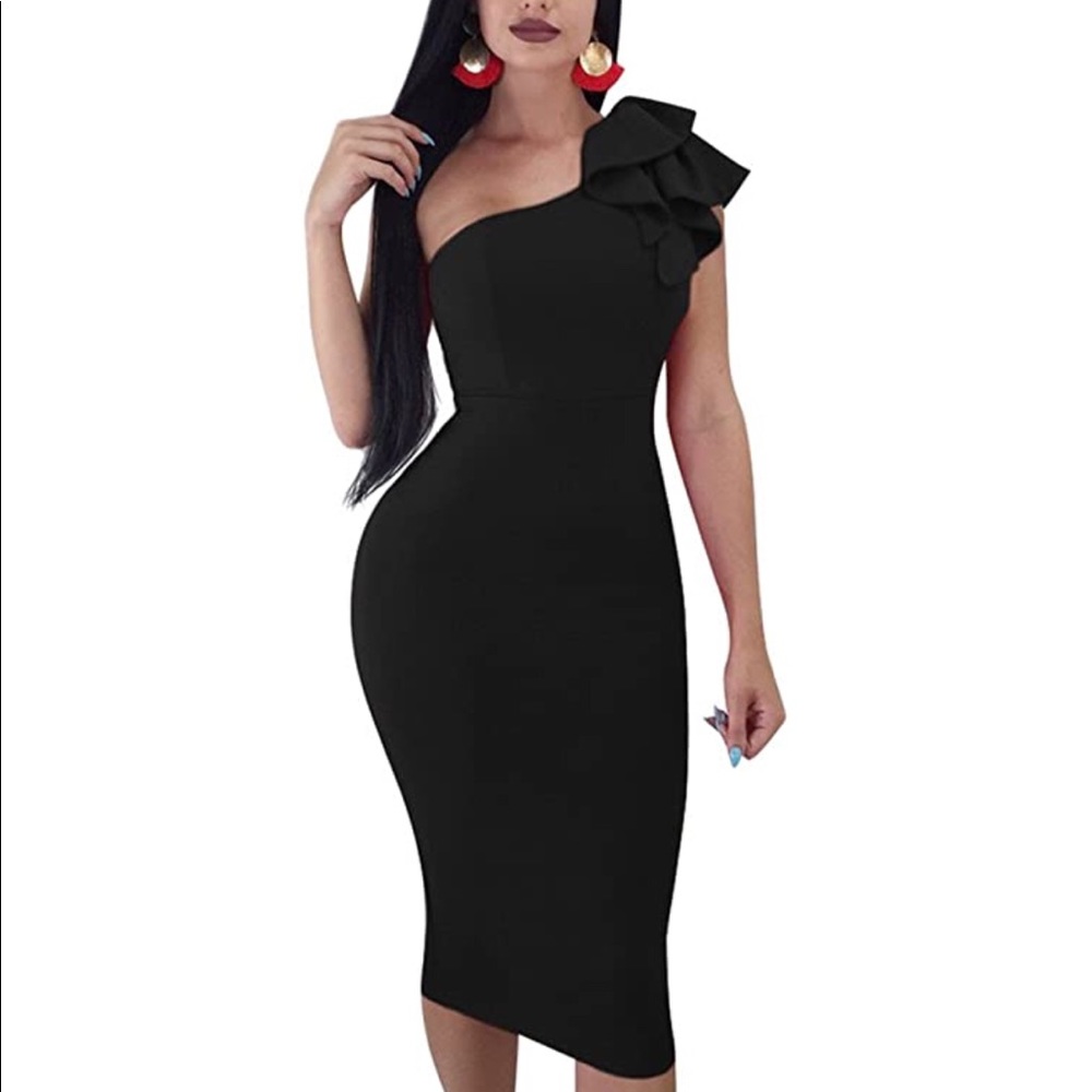 Sexy Ruffle One Shoulder Midi Evening/Party dress